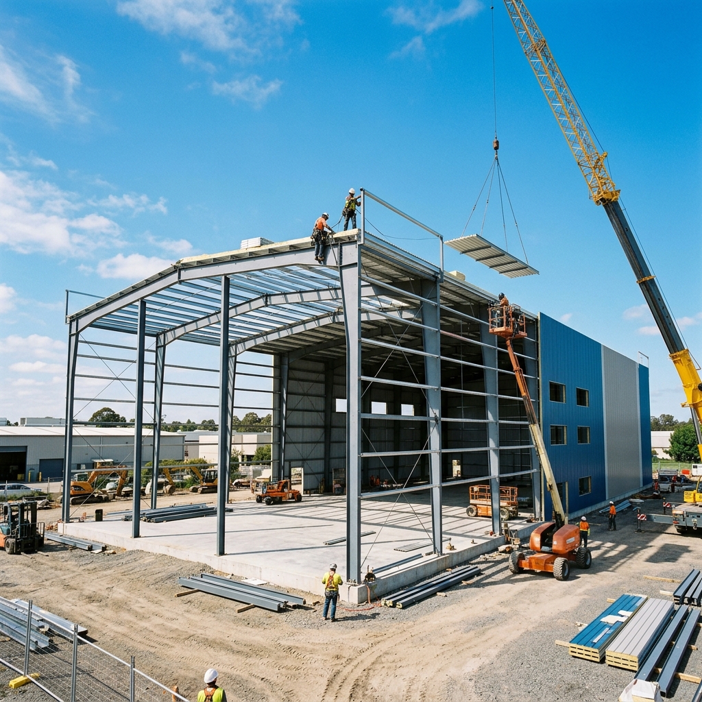 Pre Engineered Building (PEB) steel structure installation with metal roofing sheets by Arasuvel Roofings in Tamil Nadu.