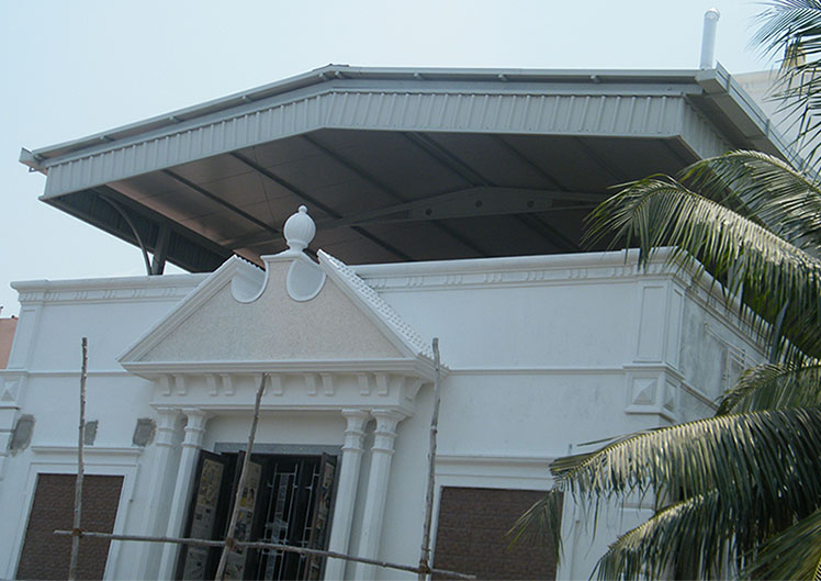 Modern terrace roofing structure installed by Arasuvel Roofings for residential villa with durable metal roofing