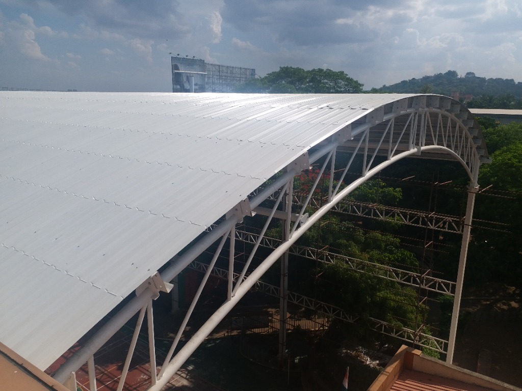 High-quality metal sheet roofing installed on steel truss structure by Arasuvel Roofings in Chennai